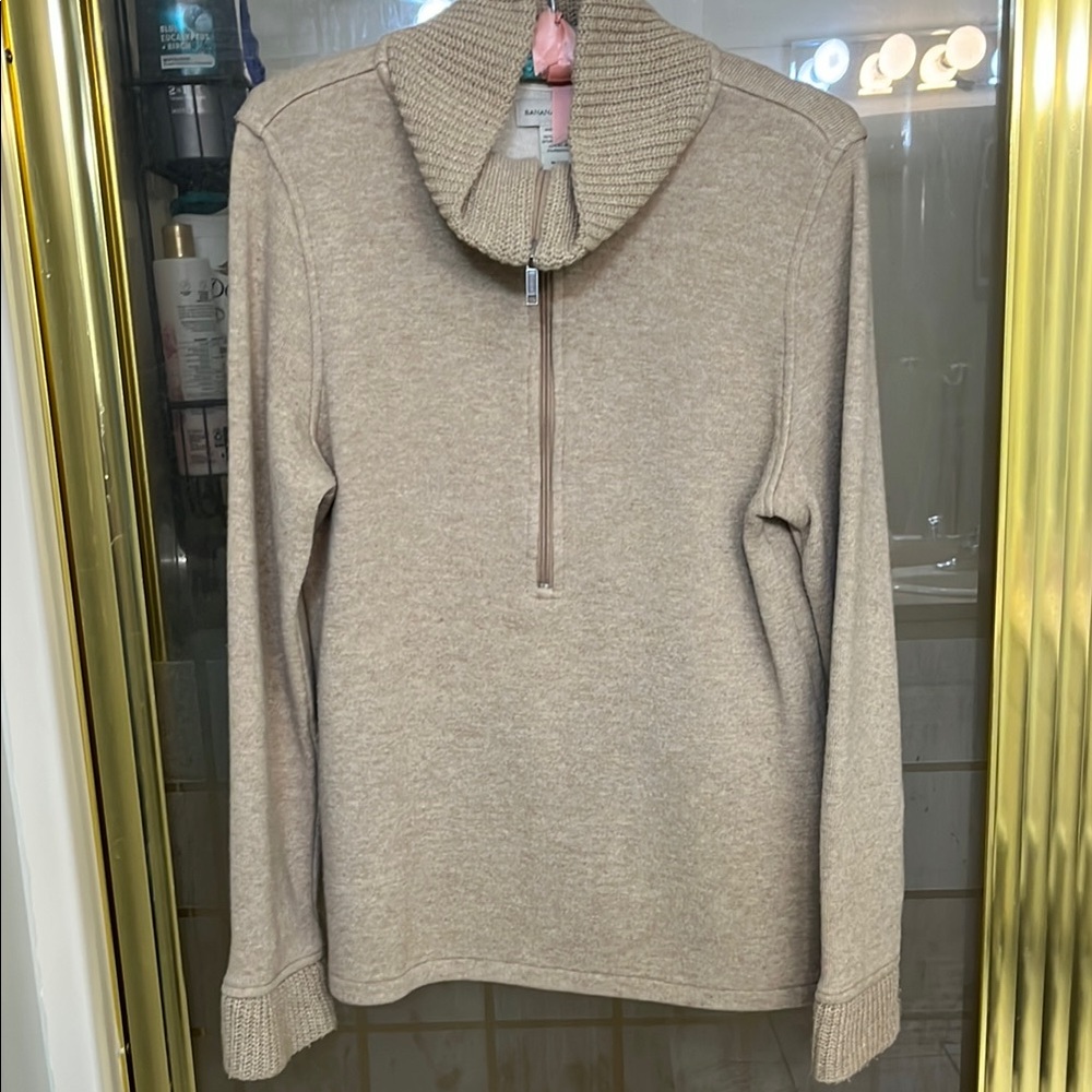 Banana Republic Tan Cowl Neck Sweater with Long Sleeves with Half-Zip Closure